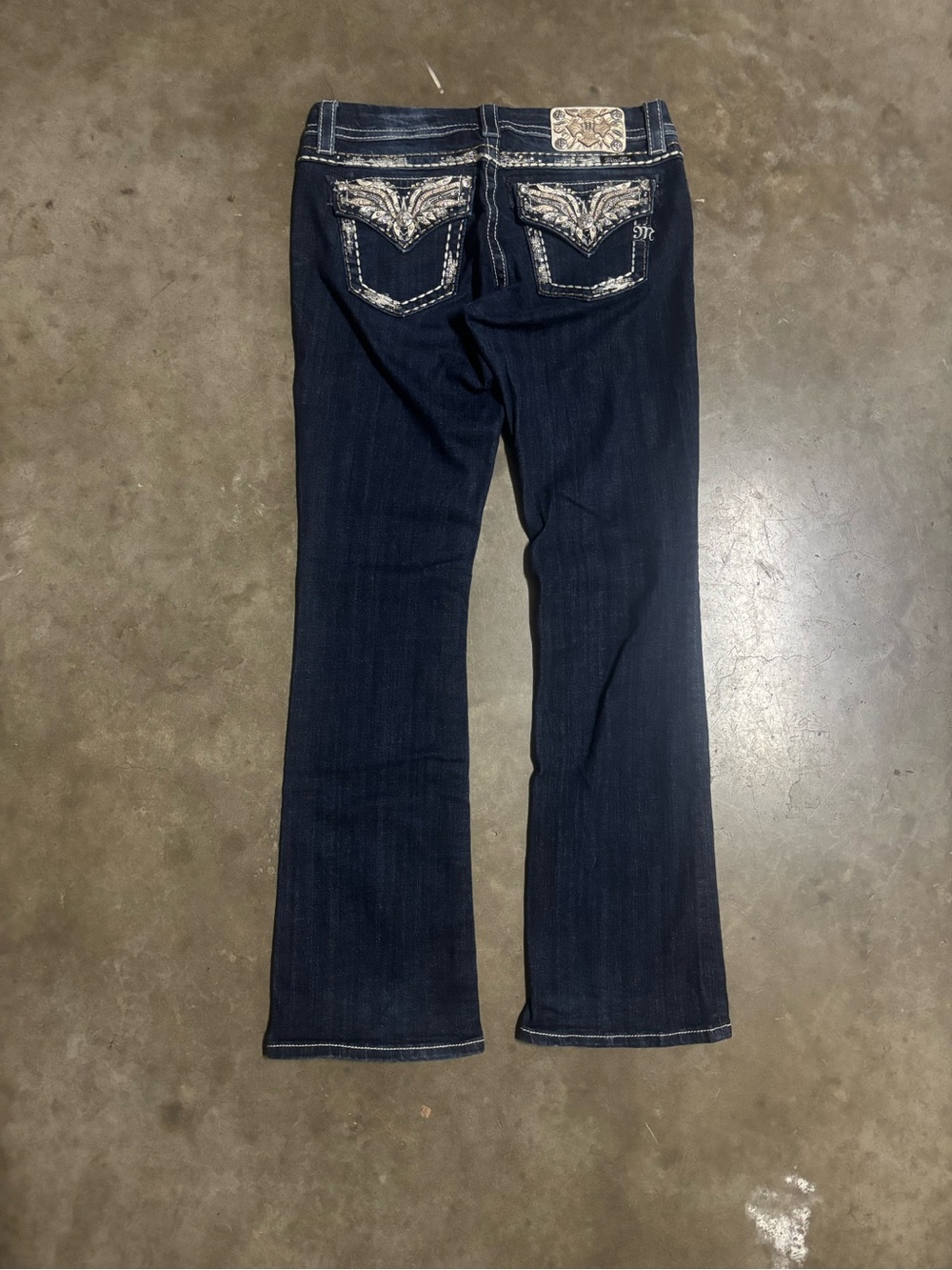 Y2K vintage Miss Me Dark Blue Flare Jeans with Embroidered Back Pockets